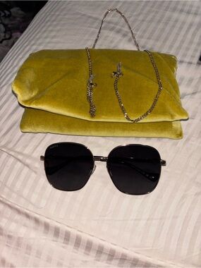 Gucci Black Lens Sunglasses with Yellow-Green Velvet Clutch w/ chain.